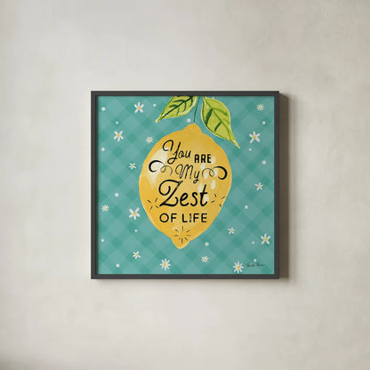 Mellow Yellow III Turquoise by Farida Zaman. Shown in a sleek black glass frame for a contemporary gallery look. Available as an archival giclee rolled canvas, fine art paper, or poster print. SKU 45908a.