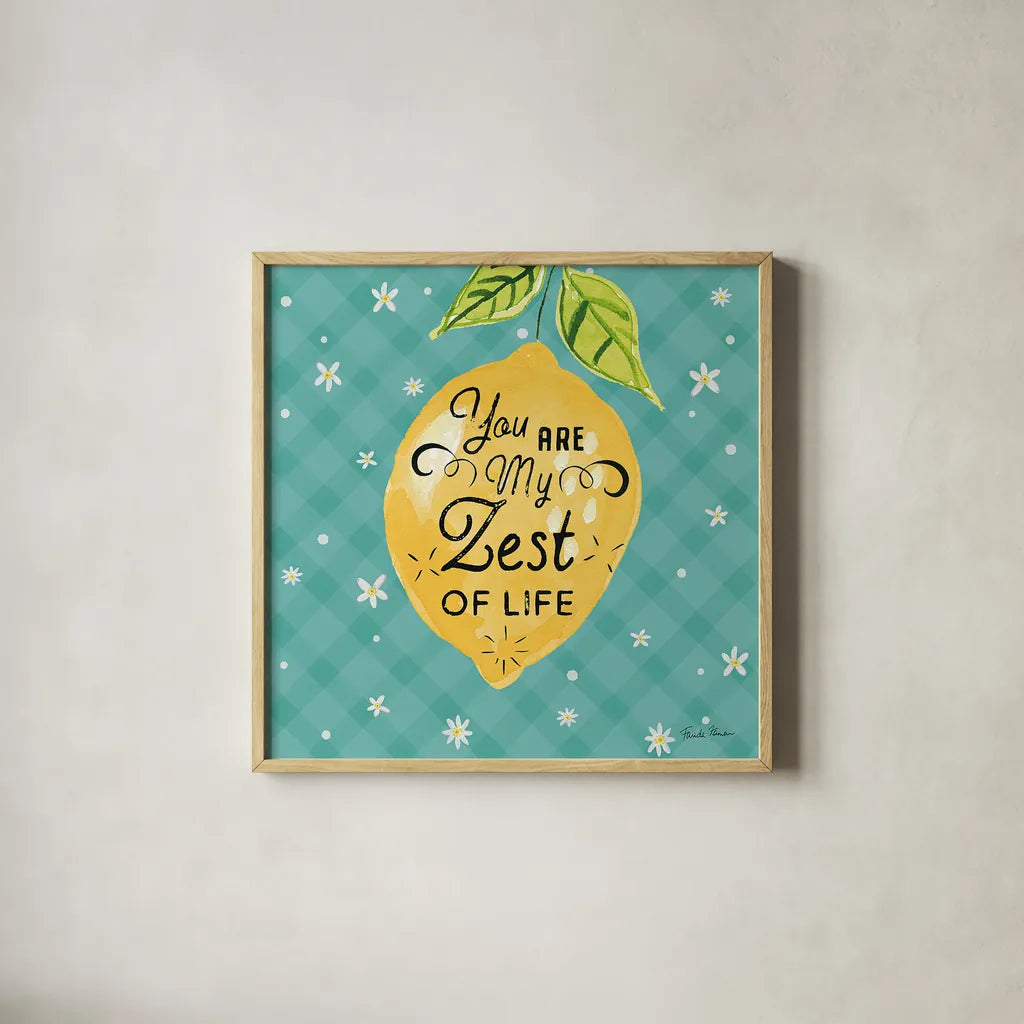 Mellow Yellow III Turquoise by Farida Zaman. Shown in a natural wood glass frame for a timeless modern aesthetic. Available as an archival giclee rolled canvas, fine art paper, or poster print. SKU 45908a.