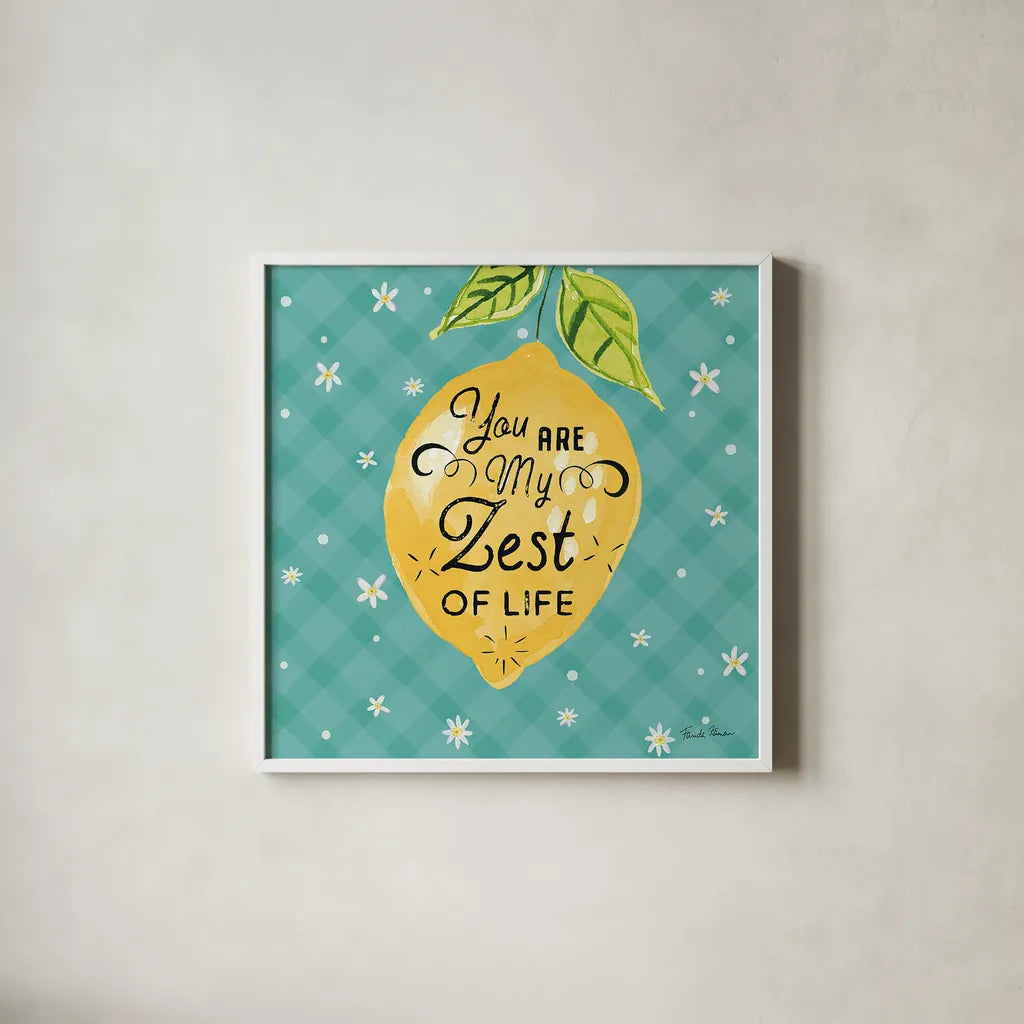 Mellow Yellow III Turquoise by Farida Zaman. Shown in a crisp white glass frame for a clean and minimalist style. Available as an archival giclee rolled canvas, fine art paper, or poster print. SKU 45908a.