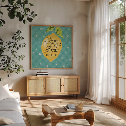 Mellow Yellow III Turquoise by Farida Zaman. Shown in a natural wood frame in a cozy modern living room. Available as an archival giclee rolled canvas, fine art paper, or poster print. SKU 45908a.