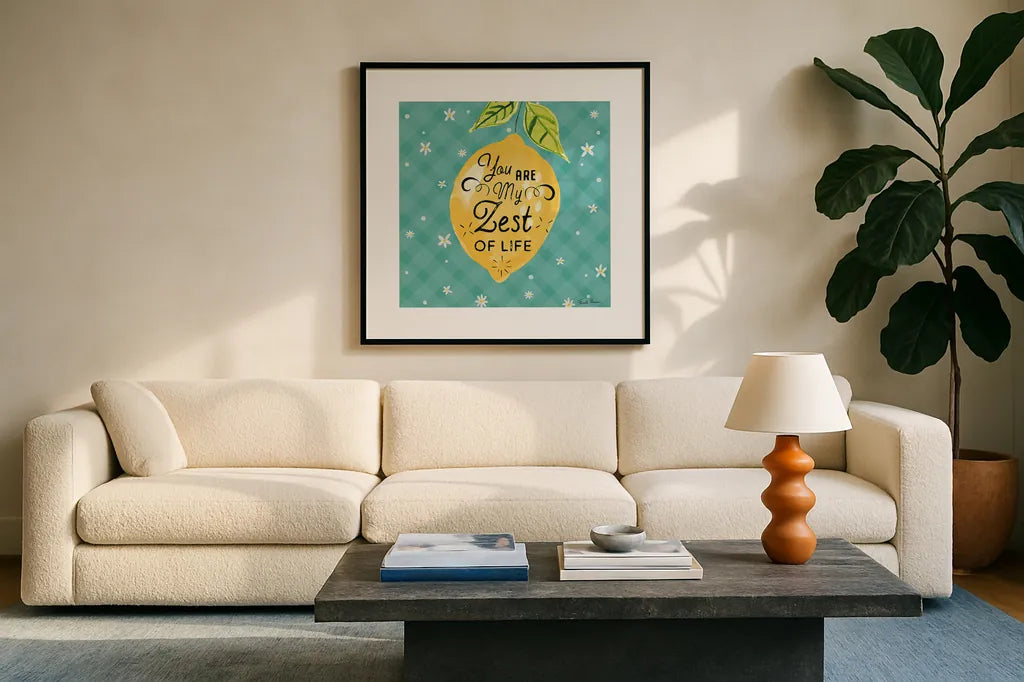 Mellow Yellow III Turquoise by Farida Zaman. Displayed in a glass frame with matte in a clean modern living room. Available as an archival giclee rolled canvas, fine art paper, or poster print. SKU 45908a.