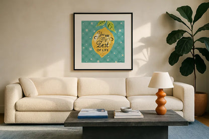 Mellow Yellow III Turquoise by Farida Zaman. Displayed in a glass frame with matte in a clean modern living room. Available as an archival giclee rolled canvas, fine art paper, or poster print. SKU 45908a.