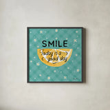 Mellow Yellow IV Turquoise by Farida Zaman. Shown in a sleek black glass frame for a contemporary gallery look. Available as an archival giclee rolled canvas, fine art paper, or poster print. SKU 45909a.