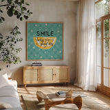 Mellow Yellow IV Turquoise by Farida Zaman. Shown in a natural wood frame in a cozy modern living room. Available as an archival giclee rolled canvas, fine art paper, or poster print. SKU 45909a.
