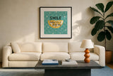 Mellow Yellow IV Turquoise by Farida Zaman. Displayed in a glass frame with matte in a clean modern living room. Available as an archival giclee rolled canvas, fine art paper, or poster print. SKU 45909a.