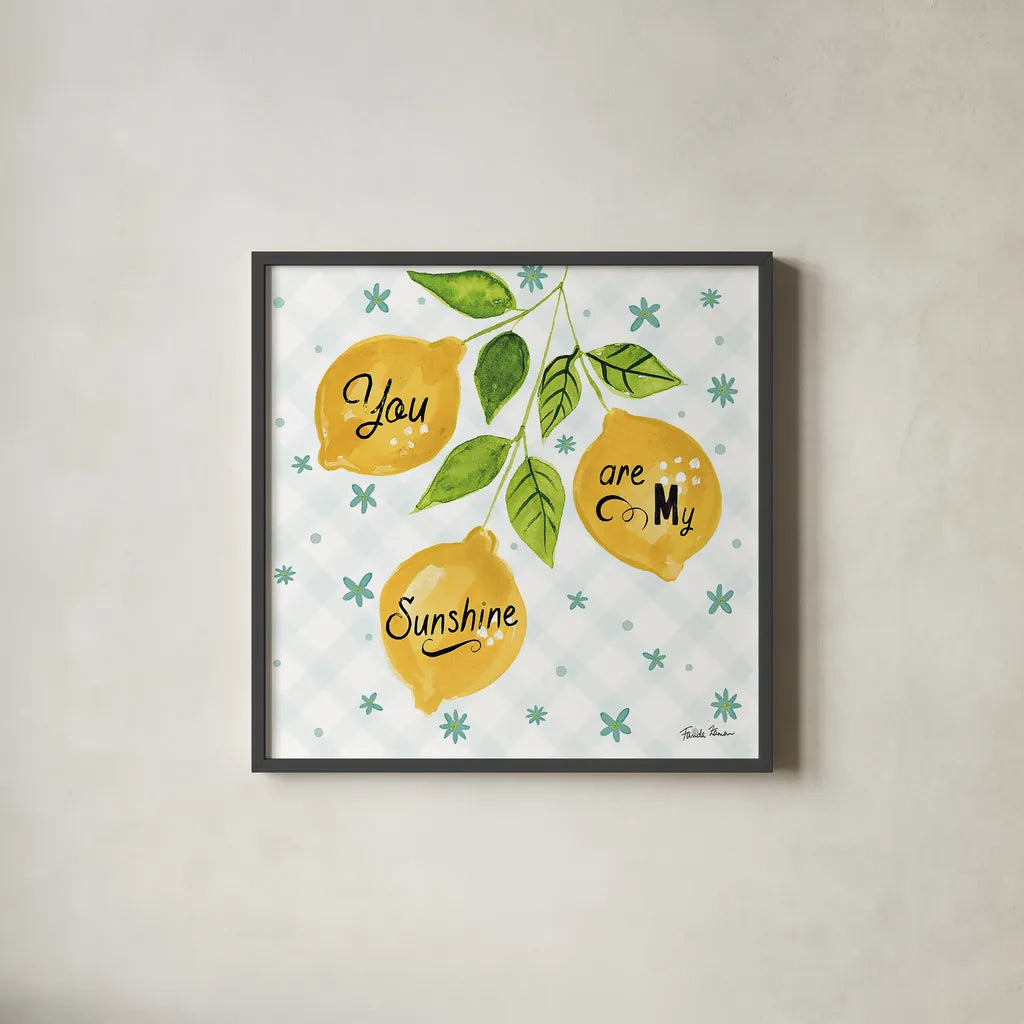 Mellow Yellow V by Farida Zaman. Shown in a sleek black glass frame for a contemporary gallery look. Available as an archival giclee rolled canvas, fine art paper, or poster print. SKU 45905a.