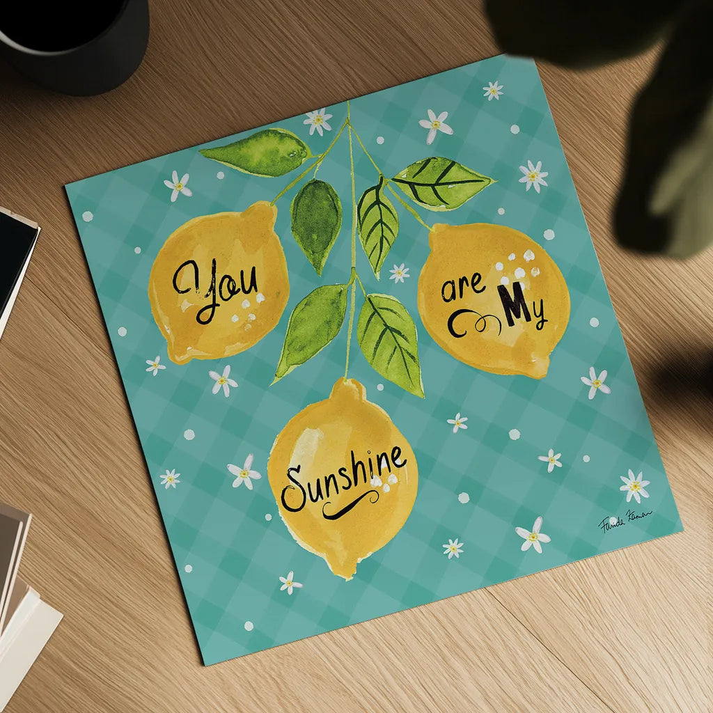 Mellow Yellow V Turquoise by Farida Zaman. Shown as a detailed flat fine art print, highlighting archival giclee quality. Available as an archival giclee rolled canvas, fine art paper, or poster print. SKU 45910a.