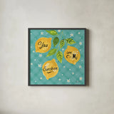 Mellow Yellow V Turquoise by Farida Zaman. Shown in a sleek black glass frame for a contemporary gallery look. Available as an archival giclee rolled canvas, fine art paper, or poster print. SKU 45910a.