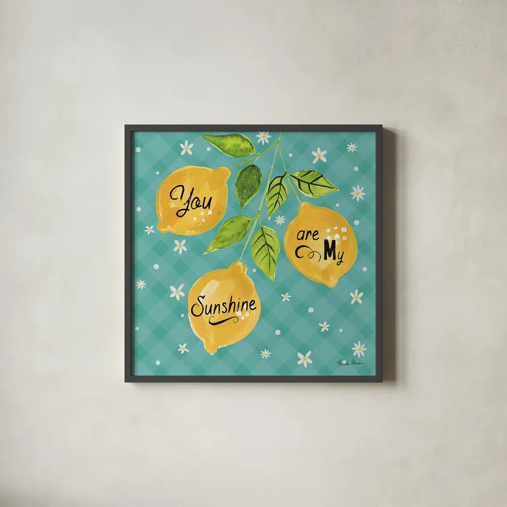 Mellow Yellow V Turquoise by Farida Zaman. Shown in a sleek black glass frame for a contemporary gallery look. Available as an archival giclee rolled canvas, fine art paper, or poster print. SKU 45910a.