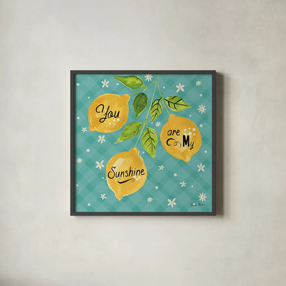 Mellow Yellow V Turquoise by Farida Zaman. Shown in a sleek black glass frame for a contemporary gallery look. Available as an archival giclee rolled canvas, fine art paper, or poster print. SKU 45910a.