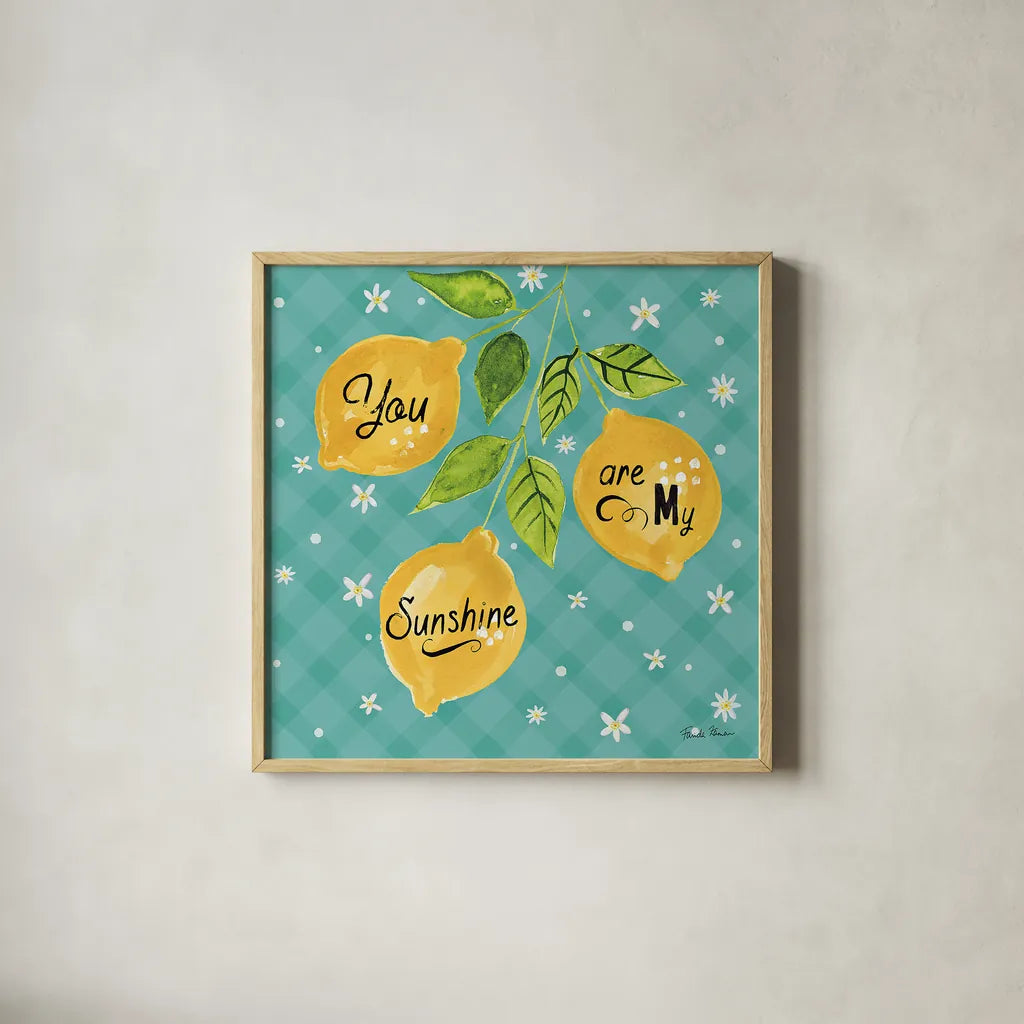 Mellow Yellow V Turquoise by Farida Zaman. Shown in a natural wood glass frame for a timeless modern aesthetic. Available as an archival giclee rolled canvas, fine art paper, or poster print. SKU 45910a.