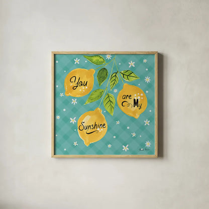 Mellow Yellow V Turquoise by Farida Zaman. Shown in a natural wood glass frame for a timeless modern aesthetic. Available as an archival giclee rolled canvas, fine art paper, or poster print. SKU 45910a.