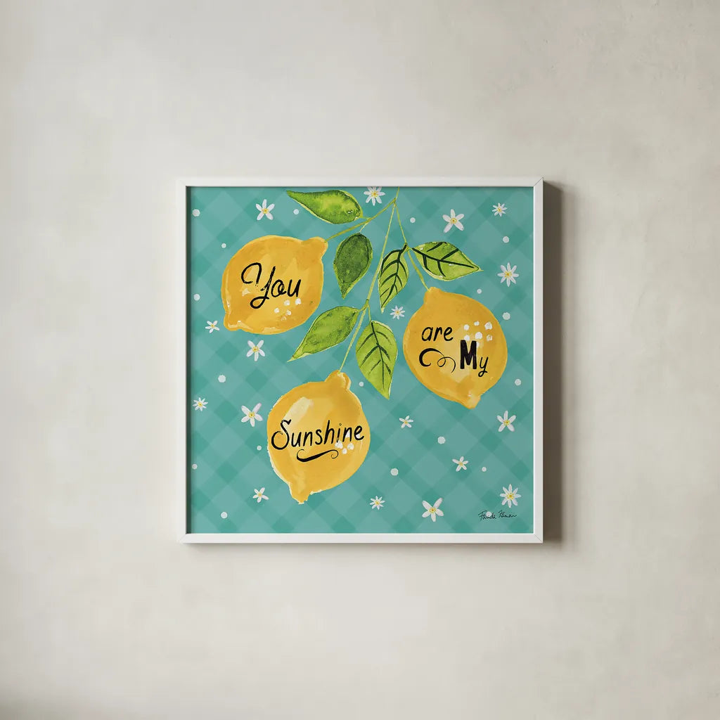 Mellow Yellow V Turquoise by Farida Zaman. Shown in a crisp white glass frame for a clean and minimalist style. Available as an archival giclee rolled canvas, fine art paper, or poster print. SKU 45910a.