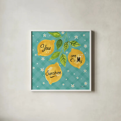 Mellow Yellow V Turquoise by Farida Zaman. Shown in a crisp white glass frame for a clean and minimalist style. Available as an archival giclee rolled canvas, fine art paper, or poster print. SKU 45910a.