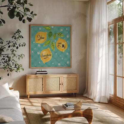 Mellow Yellow V Turquoise by Farida Zaman. Shown in a natural wood frame in a cozy modern living room. Available as an archival giclee rolled canvas, fine art paper, or poster print. SKU 45910a.
