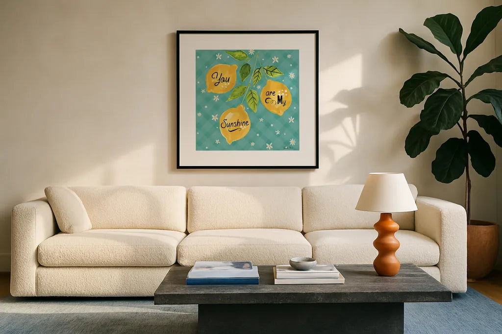 Mellow Yellow V Turquoise by Farida Zaman. Displayed in a glass frame with matte in a clean modern living room. Available as an archival giclee rolled canvas, fine art paper, or poster print. SKU 45910a.