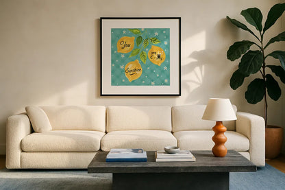 Mellow Yellow V Turquoise by Farida Zaman. Displayed in a glass frame with matte in a clean modern living room. Available as an archival giclee rolled canvas, fine art paper, or poster print. SKU 45910a.