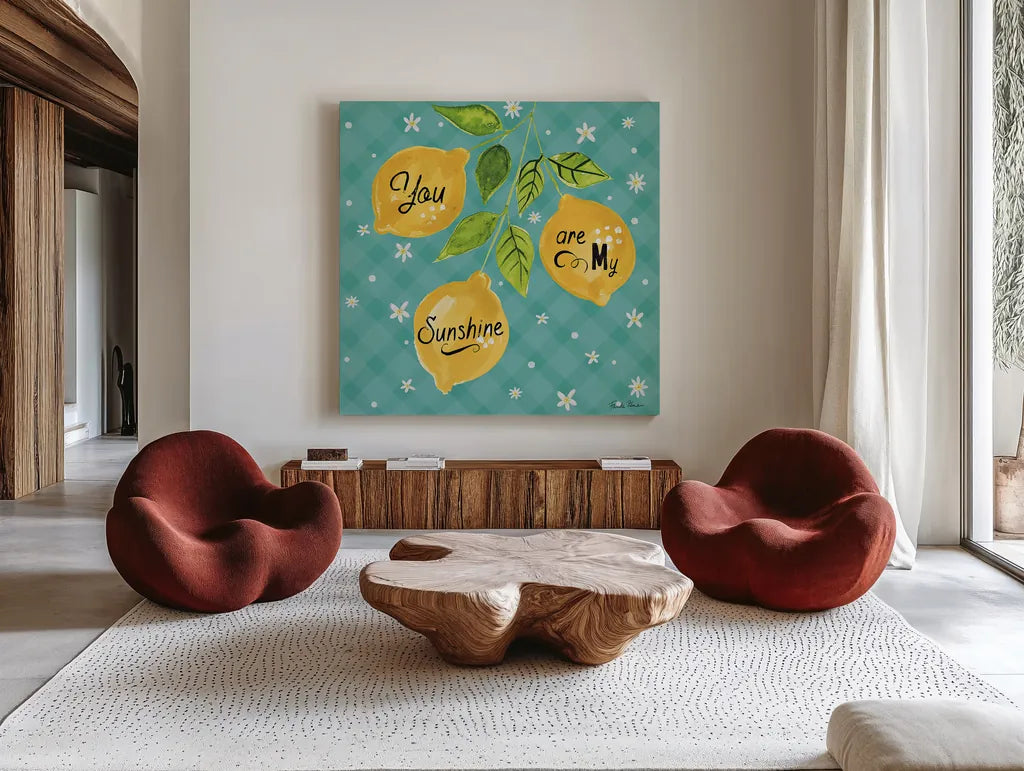 Mellow Yellow V Turquoise by Farida Zaman. Shown as extra-large giant wall art in a modern living room. Available as an archival giclee rolled canvas, fine art paper, or poster print. SKU 45910a.