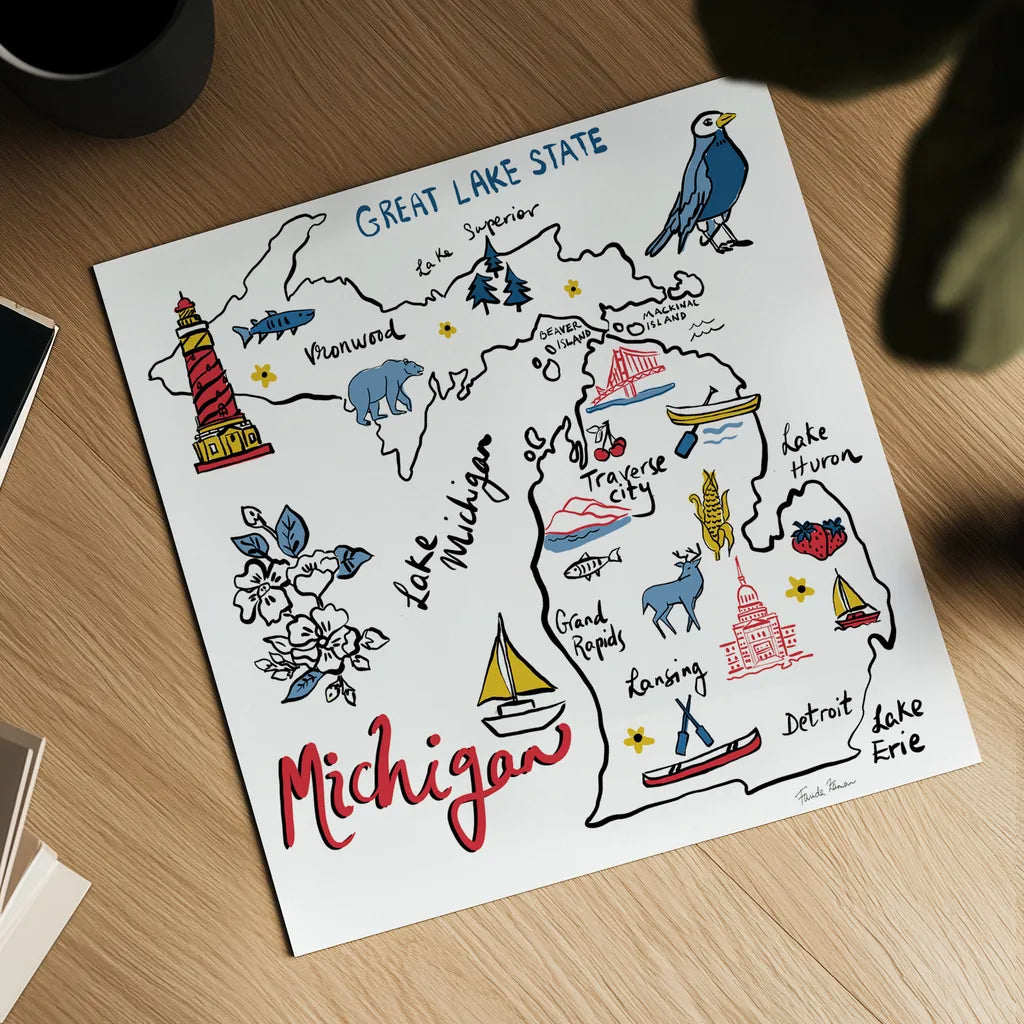 Michigan by Farida Zaman. Shown as a detailed flat fine art print, highlighting archival giclee quality. Available as an archival giclee rolled canvas, fine art paper, or poster print. SKU 87826a.