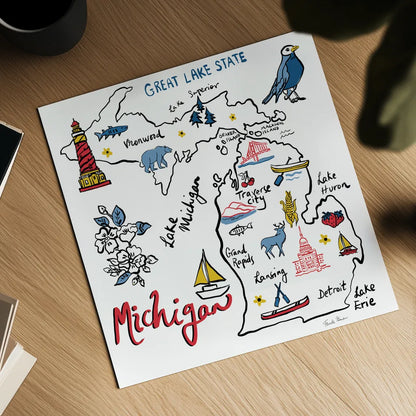 Michigan by Farida Zaman. Shown as a detailed flat fine art print, highlighting archival giclee quality. Available as an archival giclee rolled canvas, fine art paper, or poster print. SKU 87826a.