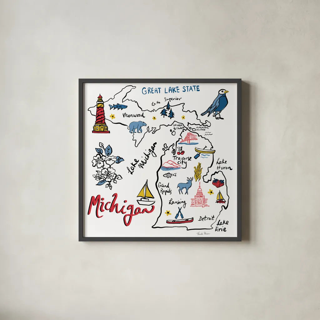 Michigan by Farida Zaman. Shown in a sleek black glass frame for a contemporary gallery look. Available as an archival giclee rolled canvas, fine art paper, or poster print. SKU 87826a.