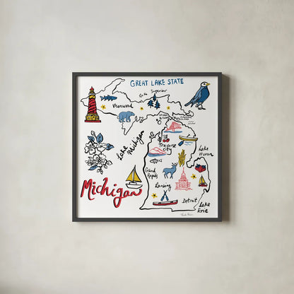 Michigan by Farida Zaman. Shown in a sleek black glass frame for a contemporary gallery look. Available as an archival giclee rolled canvas, fine art paper, or poster print. SKU 87826a.