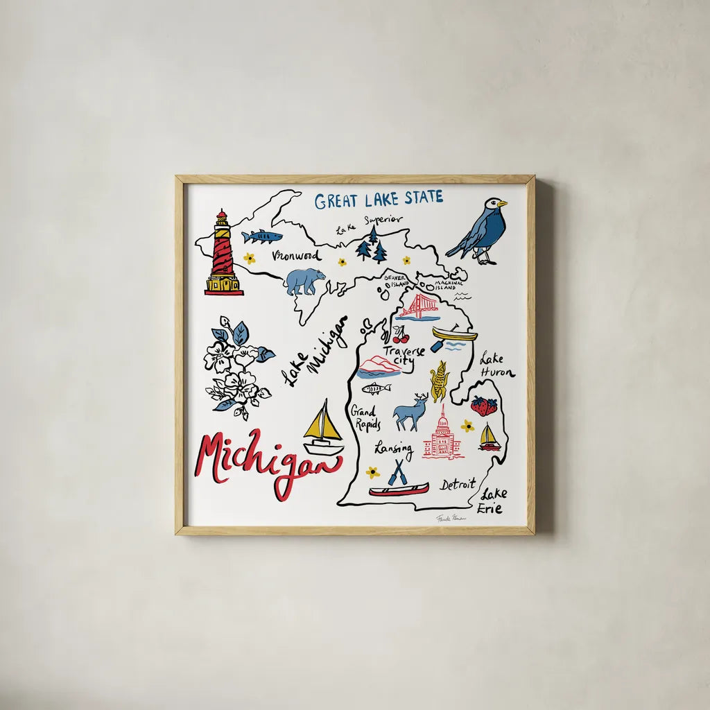 Michigan by Farida Zaman. Shown in a natural wood glass frame for a timeless modern aesthetic. Available as an archival giclee rolled canvas, fine art paper, or poster print. SKU 87826a.