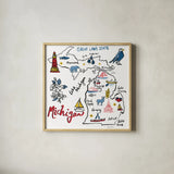 Michigan by Farida Zaman. Shown in a natural wood glass frame for a timeless modern aesthetic. Available as an archival giclee rolled canvas, fine art paper, or poster print. SKU 87826a.