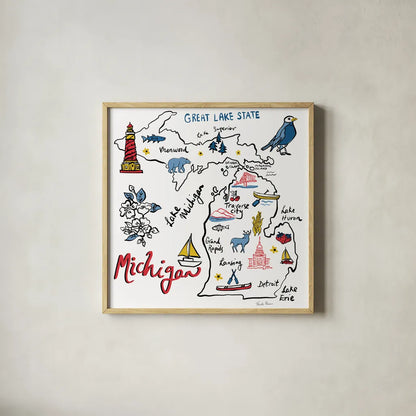 Michigan by Farida Zaman. Shown in a natural wood glass frame for a timeless modern aesthetic. Available as an archival giclee rolled canvas, fine art paper, or poster print. SKU 87826a.