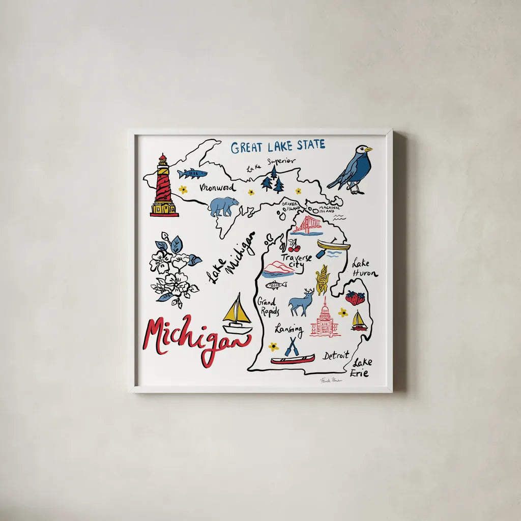 Michigan by Farida Zaman. Shown in a crisp white glass frame for a clean and minimalist style. Available as an archival giclee rolled canvas, fine art paper, or poster print. SKU 87826a.