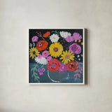 Midnight Floral by Farida Zaman. Shown in a crisp white glass frame for a clean and minimalist style. Available as an archival giclee rolled canvas, fine art paper, or poster print. SKU 38719a.