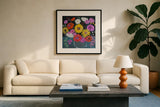 Midnight Floral by Farida Zaman. Displayed in a glass frame with matte in a clean modern living room. Available as an archival giclee rolled canvas, fine art paper, or poster print. SKU 38719a.