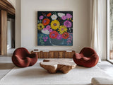 Midnight Floral by Farida Zaman. Shown as extra-large giant wall art in a modern living room. Available as an archival giclee rolled canvas, fine art paper, or poster print. SKU 38719a.