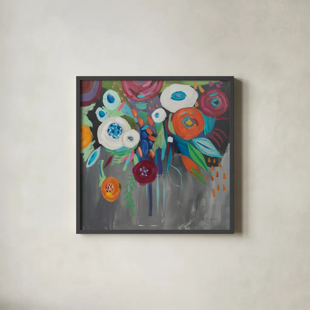 Midnight Magic by Farida Zaman. Shown in a sleek black glass frame for a contemporary gallery look. Available as an archival giclee rolled canvas, fine art paper, or poster print. SKU 32165a.