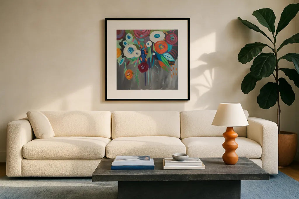 Midnight Magic by Farida Zaman. Displayed in a glass frame with matte in a clean modern living room. Available as an archival giclee rolled canvas, fine art paper, or poster print. SKU 32165a.
