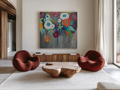 Midnight Magic by Farida Zaman. Shown as extra-large giant wall art in a modern living room. Available as an archival giclee rolled canvas, fine art paper, or poster print. SKU 32165a.