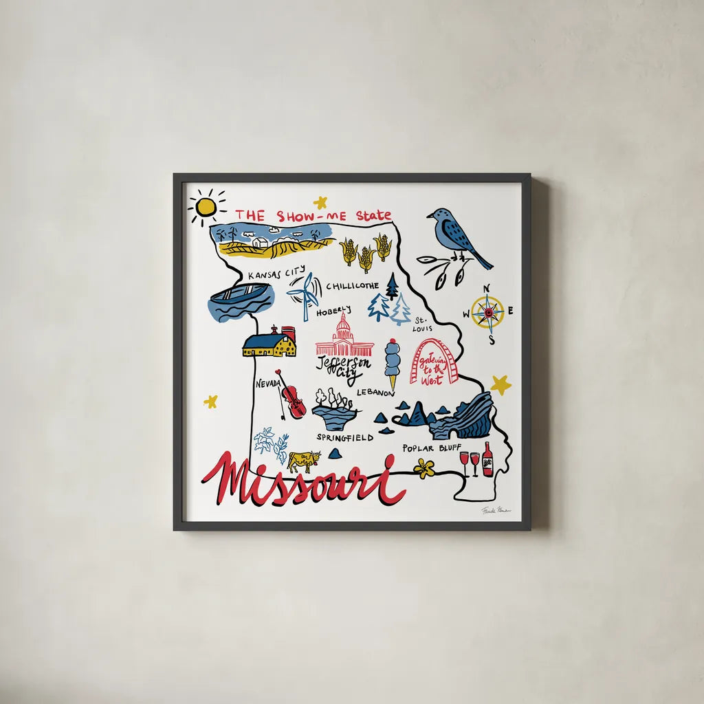 Missouri by Farida Zaman. Shown in a sleek black glass frame for a contemporary gallery look. Available as an archival giclee rolled canvas, fine art paper, or poster print. SKU 87827a.