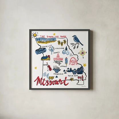 Missouri by Farida Zaman. Shown in a sleek black glass frame for a contemporary gallery look. Available as an archival giclee rolled canvas, fine art paper, or poster print. SKU 87827a.