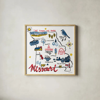 Missouri by Farida Zaman. Shown in a natural wood glass frame for a timeless modern aesthetic. Available as an archival giclee rolled canvas, fine art paper, or poster print. SKU 87827a.