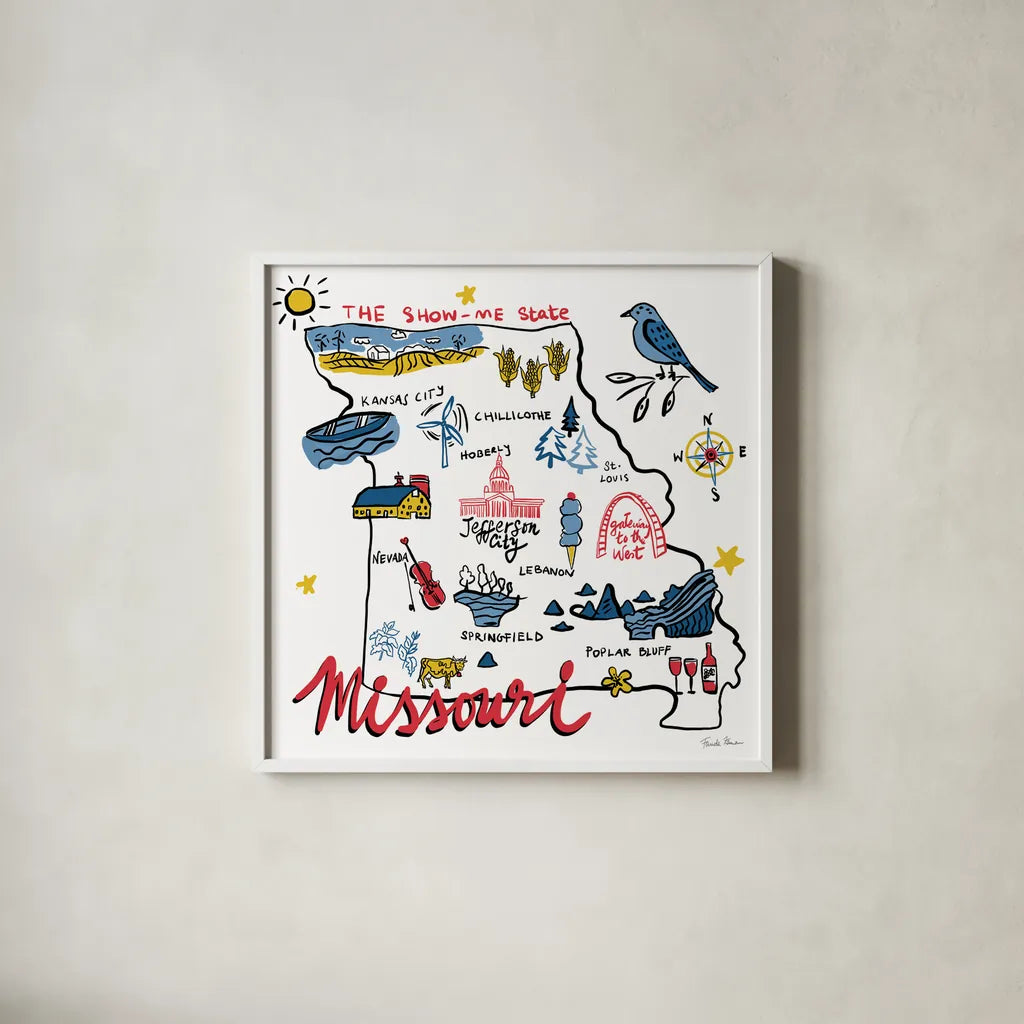 Missouri by Farida Zaman. Shown in a crisp white glass frame for a clean and minimalist style. Available as an archival giclee rolled canvas, fine art paper, or poster print. SKU 87827a.