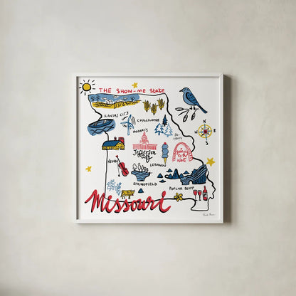 Missouri by Farida Zaman. Shown in a crisp white glass frame for a clean and minimalist style. Available as an archival giclee rolled canvas, fine art paper, or poster print. SKU 87827a.