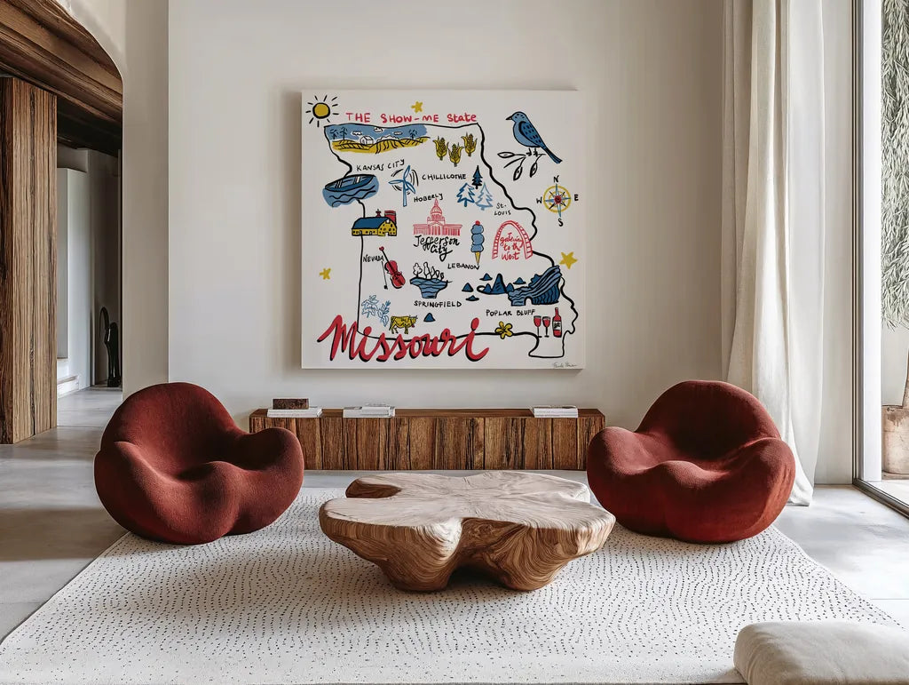 Missouri by Farida Zaman. Shown as extra-large giant wall art in a modern living room. Available as an archival giclee rolled canvas, fine art paper, or poster print. SKU 87827a.
