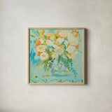 Misty Blue by Farida Zaman. Shown in a natural wood glass frame for a timeless modern aesthetic. Available as an archival giclee rolled canvas, fine art paper, or poster print. SKU 32166a.