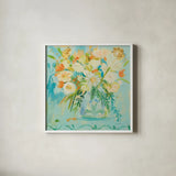 Misty Blue by Farida Zaman. Shown in a crisp white glass frame for a clean and minimalist style. Available as an archival giclee rolled canvas, fine art paper, or poster print. SKU 32166a.
