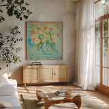 Misty Blue by Farida Zaman. Shown in a natural wood frame in a cozy modern living room. Available as an archival giclee rolled canvas, fine art paper, or poster print. SKU 32166a.