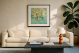 Misty Blue by Farida Zaman. Displayed in a glass frame with matte in a clean modern living room. Available as an archival giclee rolled canvas, fine art paper, or poster print. SKU 32166a.