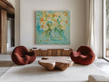 Misty Blue by Farida Zaman. Shown as extra-large giant wall art in a modern living room. Available as an archival giclee rolled canvas, fine art paper, or poster print. SKU 32166a.