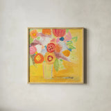 Misty Yellow Floral by Farida Zaman. Shown in a natural wood glass frame for a timeless modern aesthetic. Available as an archival giclee rolled canvas, fine art paper, or poster print. SKU 32158a.