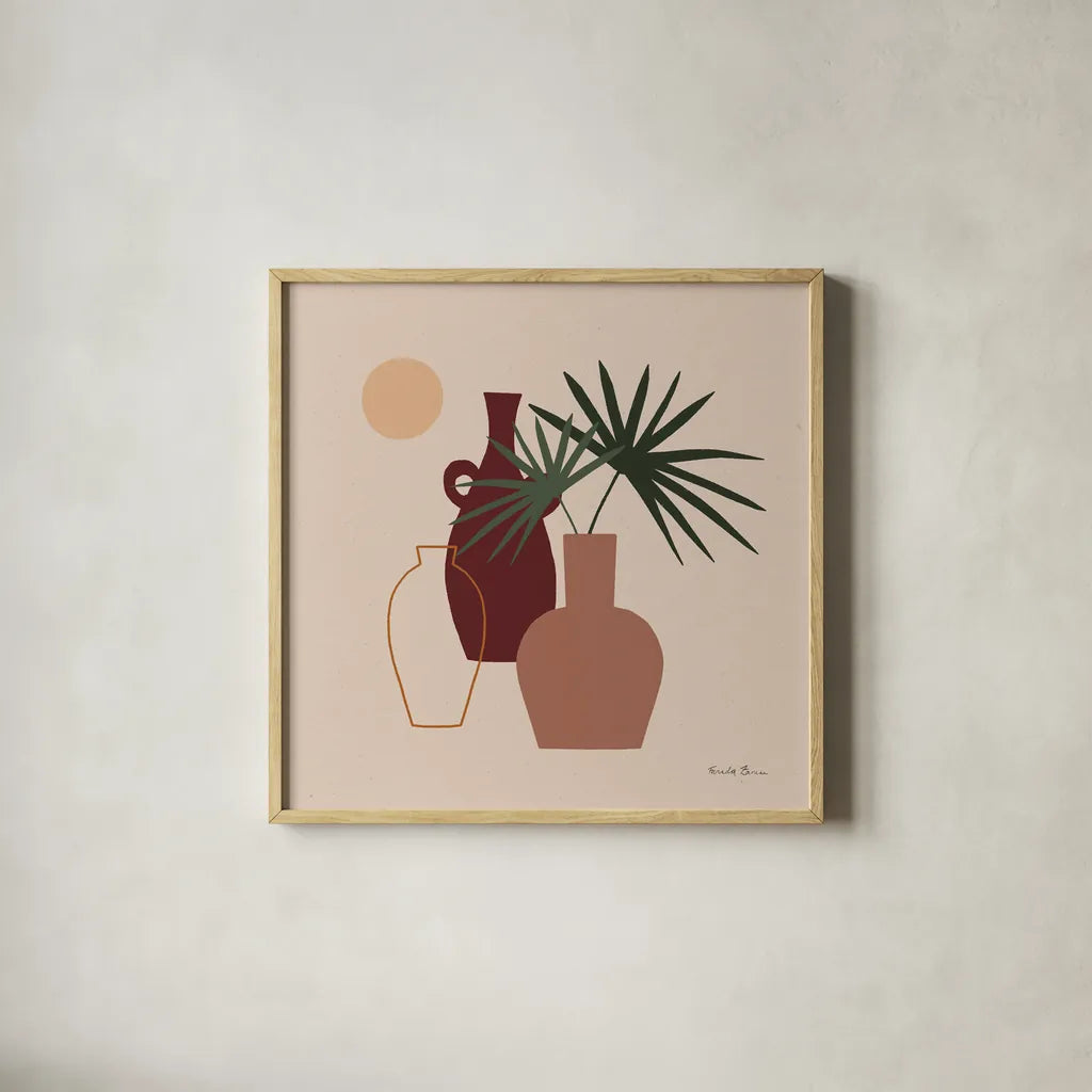 Mod Vessels I by Farida Zaman. Shown in a natural wood glass frame for a timeless modern aesthetic. Available as an archival giclee rolled canvas, fine art paper, or poster print. SKU 77711a.