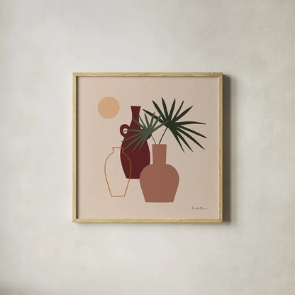 Mod Vessels I by Farida Zaman. Shown in a natural wood glass frame for a timeless modern aesthetic. Available as an archival giclee rolled canvas, fine art paper, or poster print. SKU 77711a.